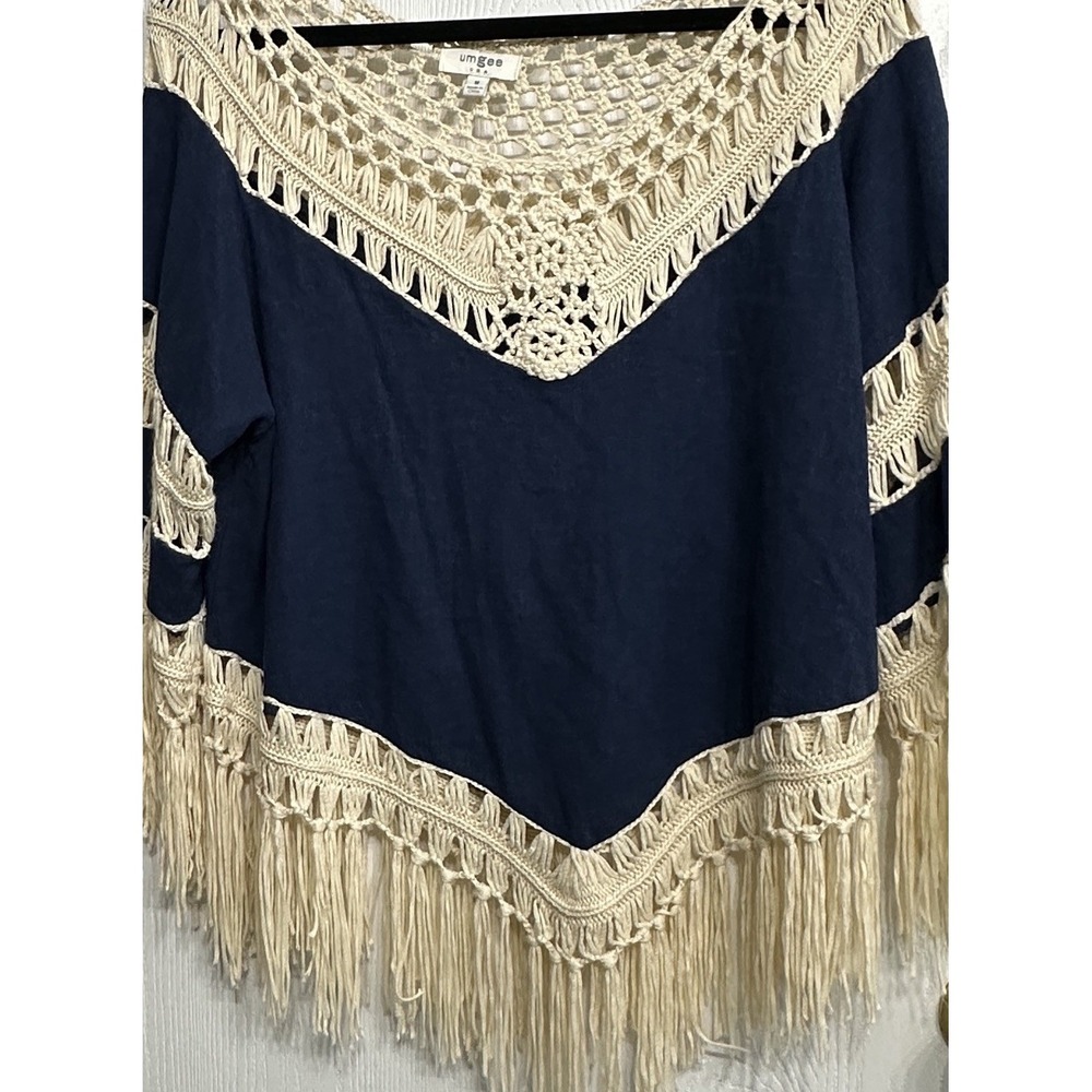 Umgee Crochet Fringe Tunic Top Boho Festival Beachy Cover Up Navy Cream Size Med - Picture 4 of 7
